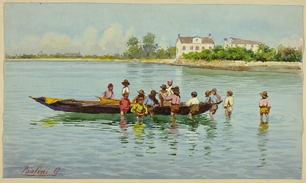 Niños con barca en la laguna veneciana de Unknown artist