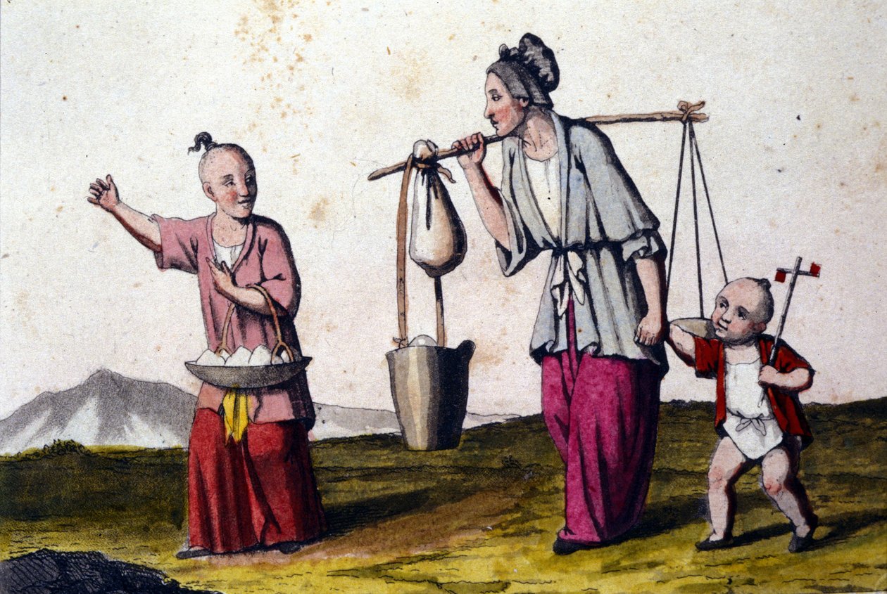 China. Una mujer llevando agua acompañada de 2 niños, el mayor llevando una cesta de arroz. Grabados del siglo XIX de Unknown artist