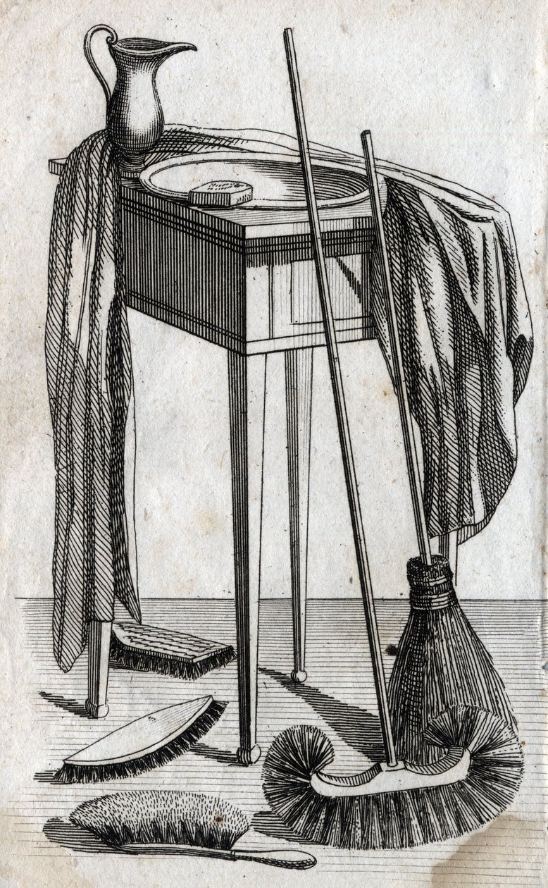 Limpieza y accesorios de limpieza: jabón, lavabo, escoba y cepillos. Grabado de finales del siglo XVIII. Colección privada. de Unknown artist