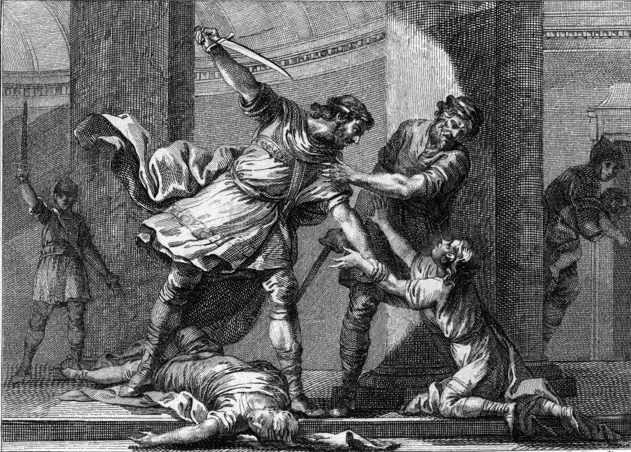 Clotario I (v.497-561) y Childeberto I, los reyes francos, asesinaron a dos hijos de su hermano Clodomiro (495-524). Grabado del siglo XVIII de Unknown artist