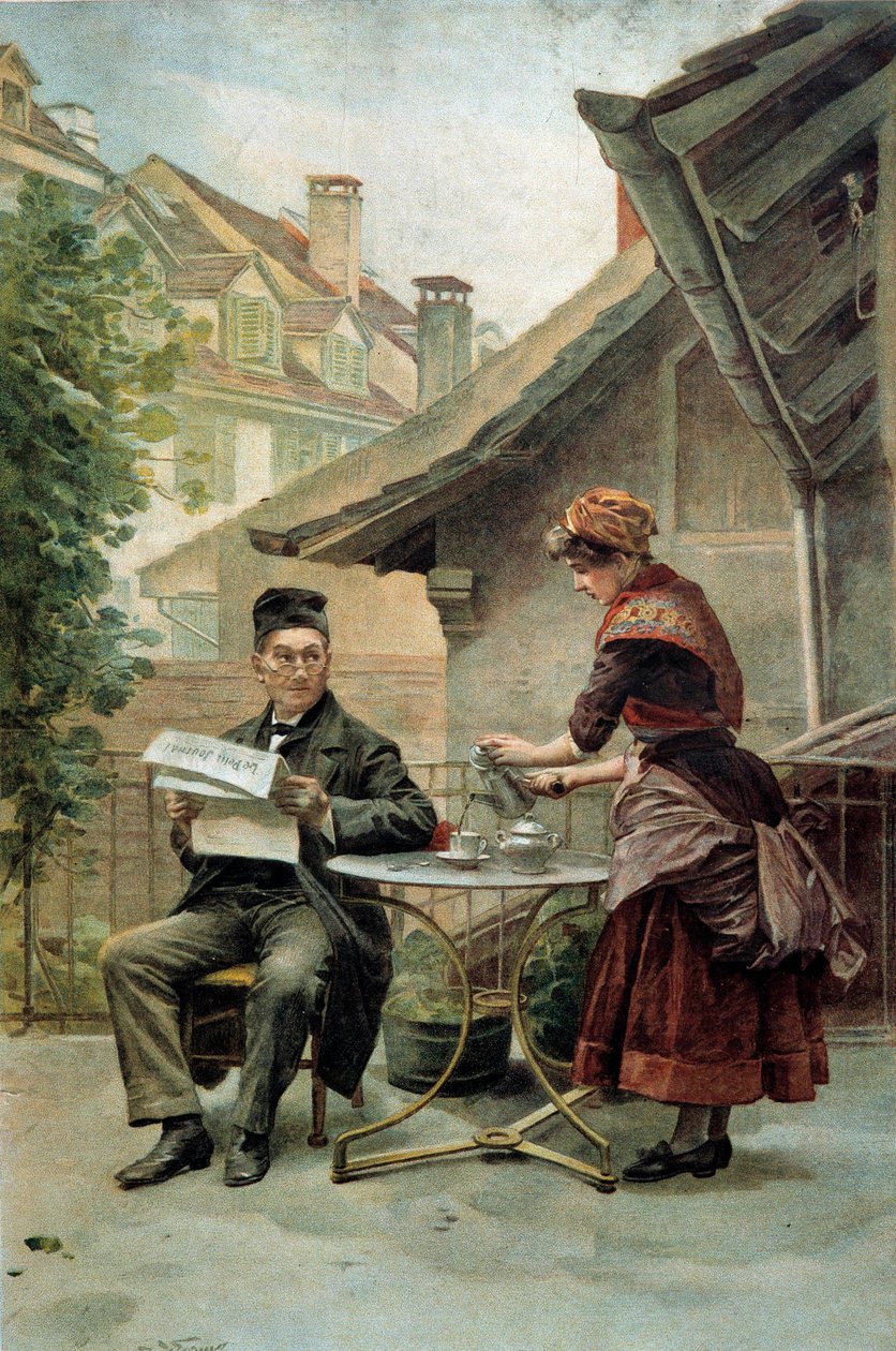 Hora del café: un anciano sentado en una mesa y leyendo el "Pequeño periódico" es servido por un sirviente. Acuarela del siglo XIX. París, Artes Decorativas de Unknown artist