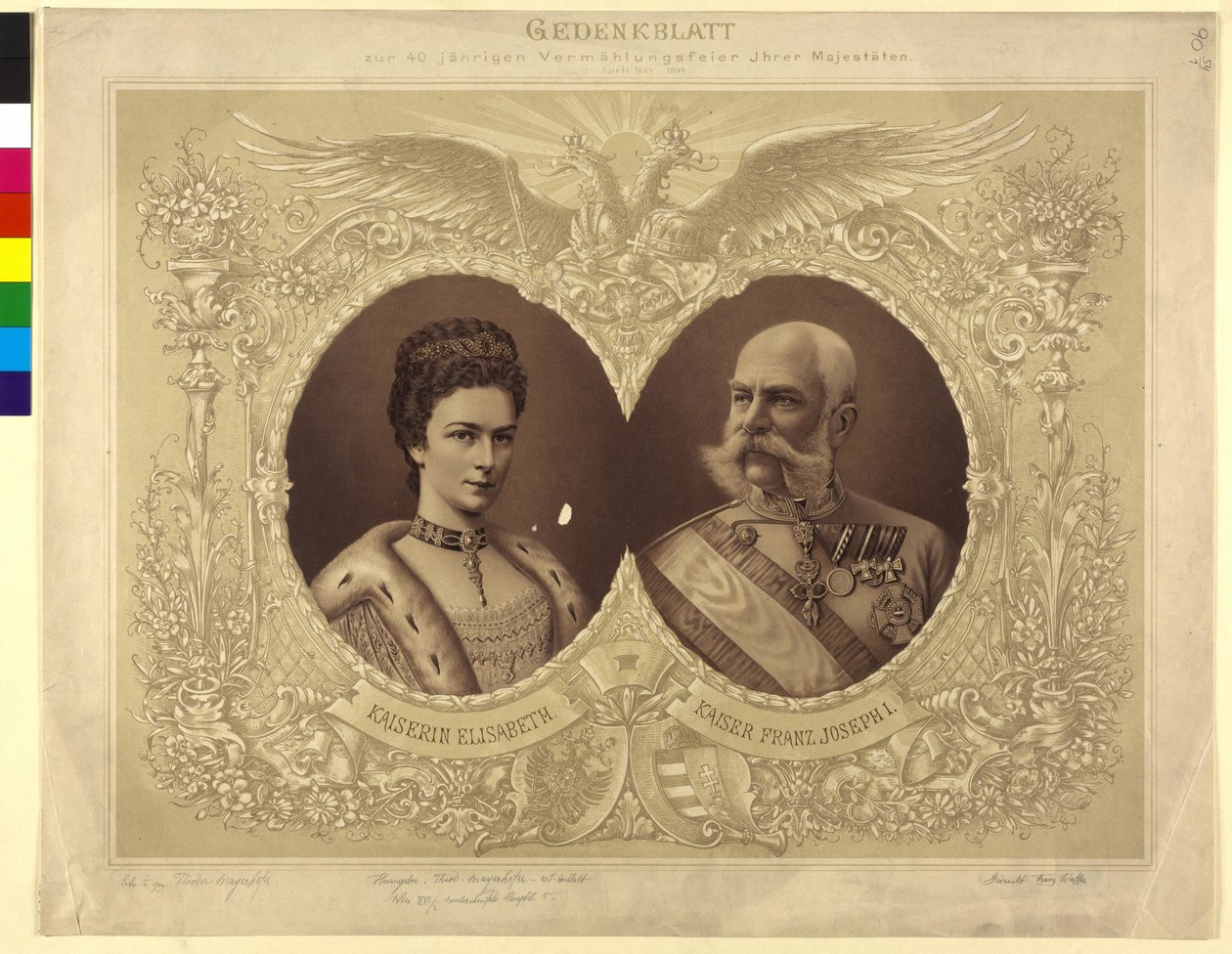 Papel conmemorativo de la ceremonia de boda de los 40 años de su Majestad el 24. abril de 1854 de Unknown artist