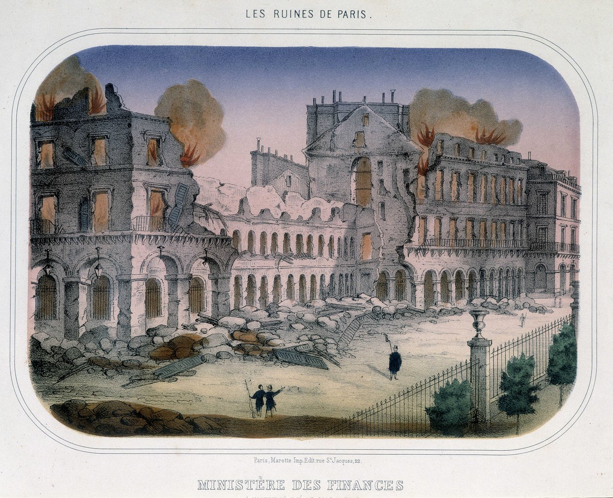 Comuna de París: Incendio en el Ministerio de Finanzas (en el momento de las Tullerías) el 24 de mayo de 1871. Grabado del siglo XIX de Unknown artist