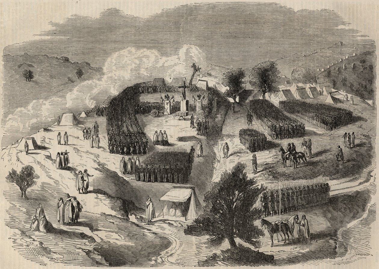Conquista de Argelia: expedición a la Gran Cabilia en 1857, colocación de la primera piedra del Fuerte Napoleón en Souk-el-Arba. Grabado en “Le Monde illustré” de 1857. Colección privada. de Unknown artist