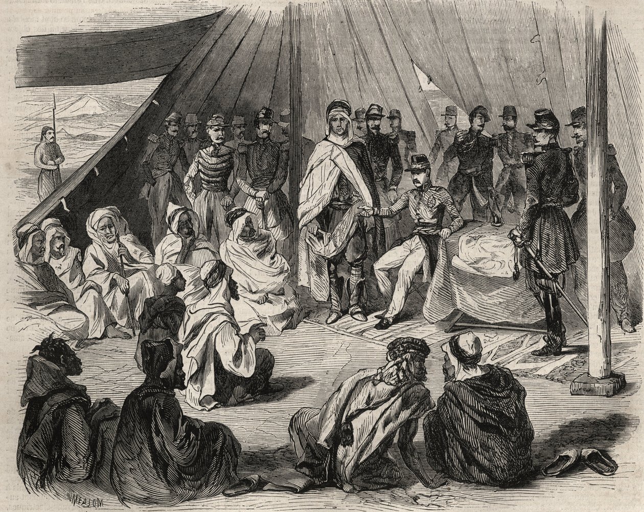 Conquista de Argelia: expedición a la Gran Cabilia en 1857. Sumisión de la tribu kabyle de Beni-Raten por el ejército francés. Grabado en “Le Monde illustré” de 1857. Colección privada. de Unknown artist