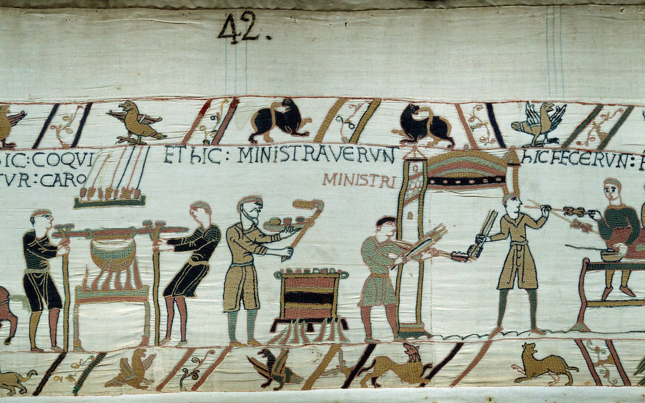 Conquista de Inglaterra por el Duque de Normandía Guillermo el Conquistador en 1066: preparación del festín para el Duque y su armadura antes de la Batalla de Hastings de Unknown artist