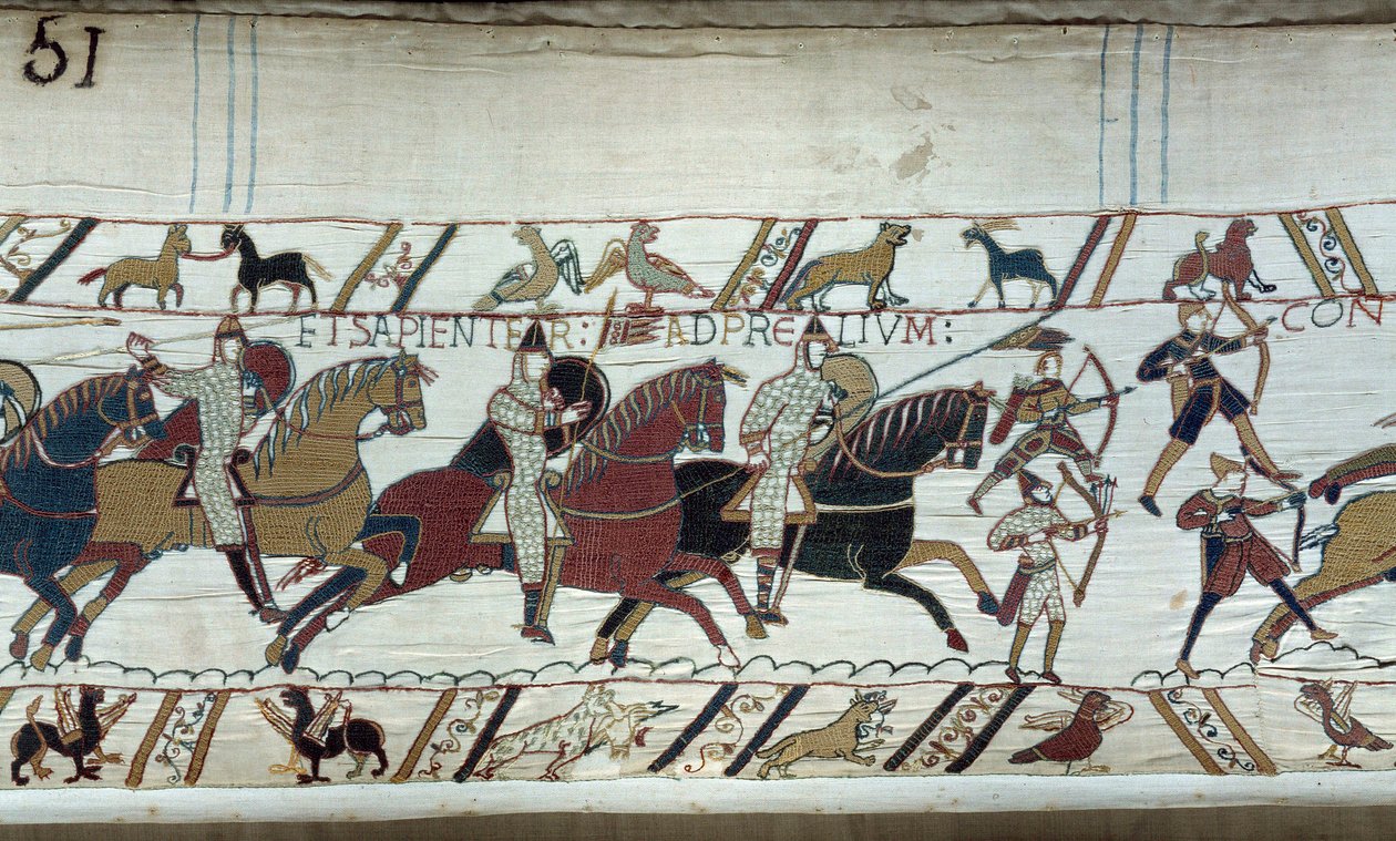 Conquista de Inglaterra por el Duque de Normandía Guillermo el Conquistador (1027-1087) en 1066: el comienzo de la Batalla de Hastings (detalle) de Unknown artist