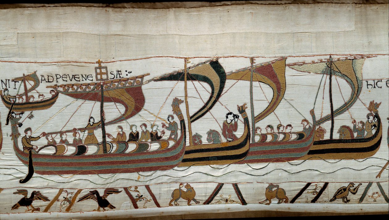 Conquista de Inglaterra por el Duque Normando Guillermo el Conquistador en 1066: la flota normanda se acerca a la costa inglesa en Pevensey (detalle) de Unknown artist