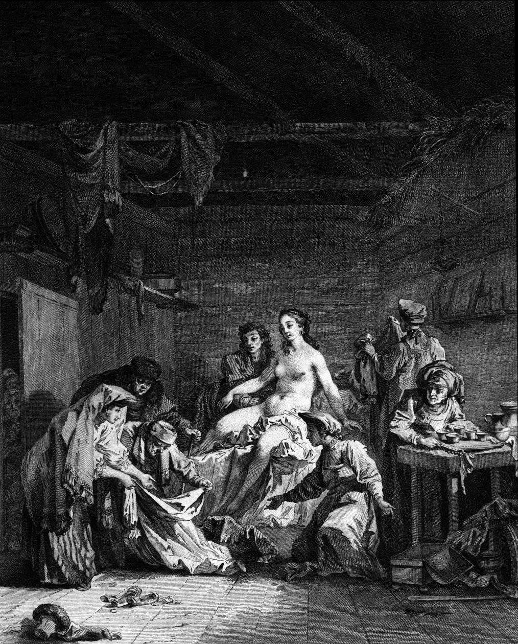 Control de la desfloración después del matrimonio de una virgen en Rusia. Grabado del siglo XVIII de Unknown artist