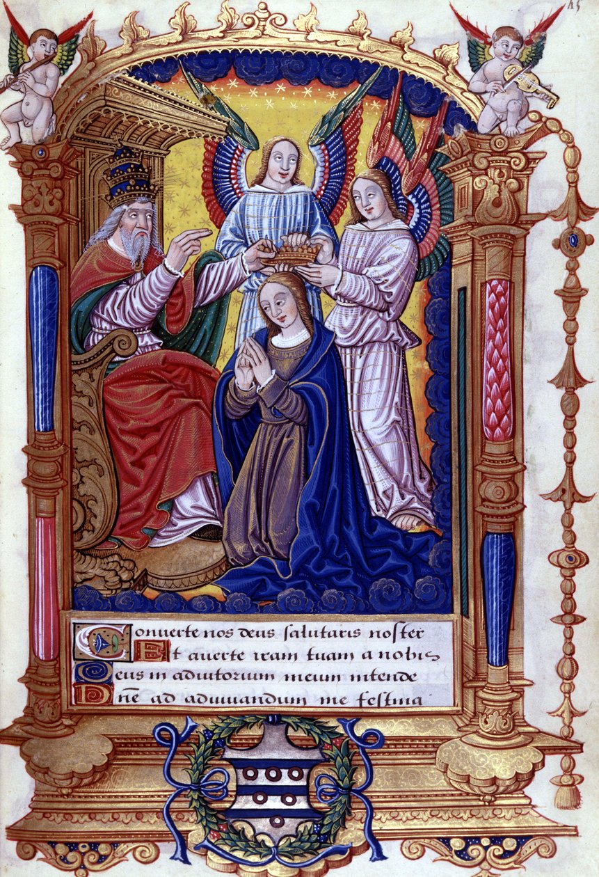 Coronación de la Virgen, texto en latín, libro de horas de Unknown artist