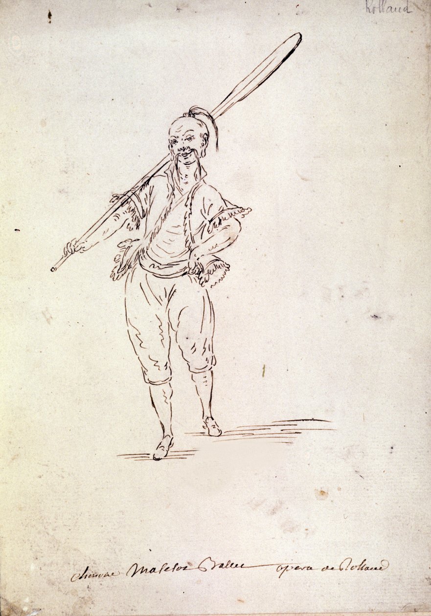 Vestuario para el personaje de Roland en la ópera del mismo nombre del compositor Niccolò Vito Piccinni (1728-1800) después de un libreto de Jean François Marmontel (1778). Dibujo de finales del siglo XVIII de Unknown artist