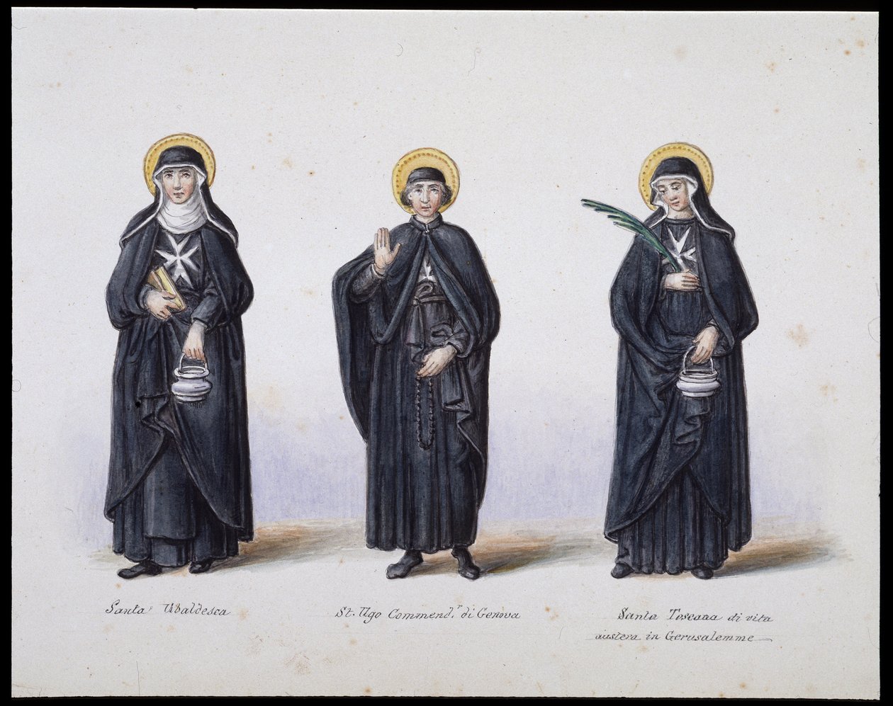 Vestimentas: 1. Santa Ubaldesca, 2. San Ugo Comendador de Génova, 3. Santa Toscana de vida. s.d. siglo XIX de Unknown artist