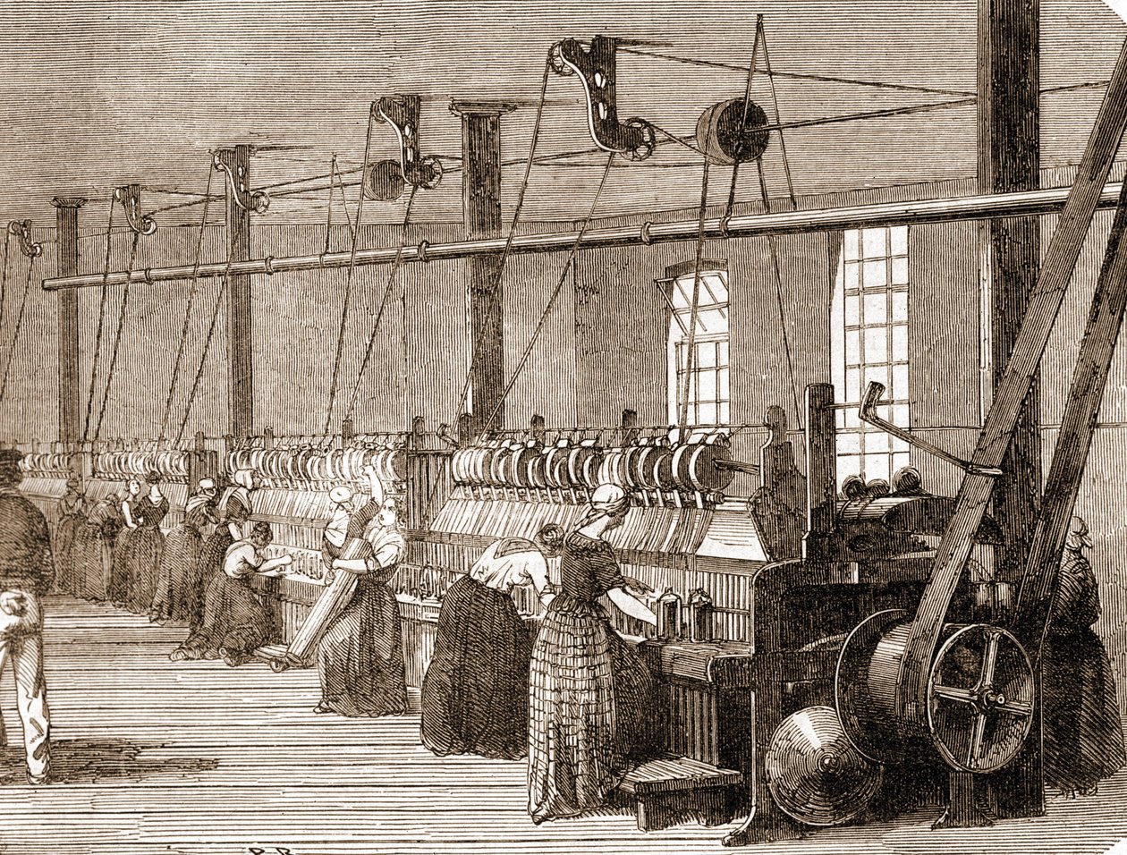 Taller de tejido de algodón. Grabado de 1860 de Unknown artist
