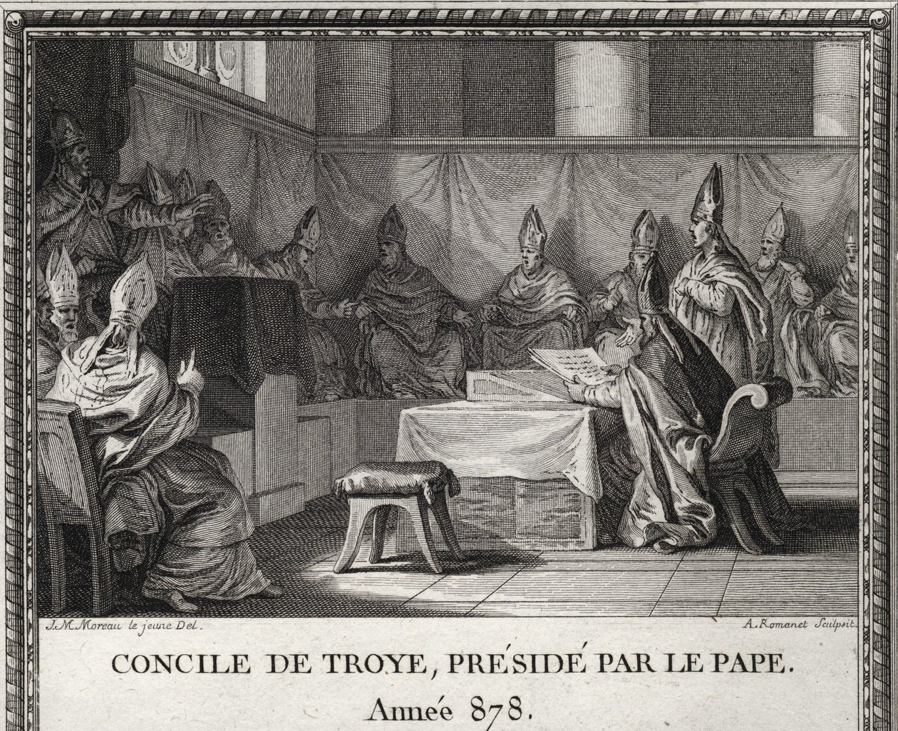 Consejo de Troye el 7 de septiembre de 878. En mayo de 878, el Papa Juan VIII amenazado por sarracenos y nobles italianos, vino a refugiarse en Arles bajo el duque Boson y su esposa Ermengarde. Lo acompaña en Troyes donde organiza un gran consejo de Unknown artist