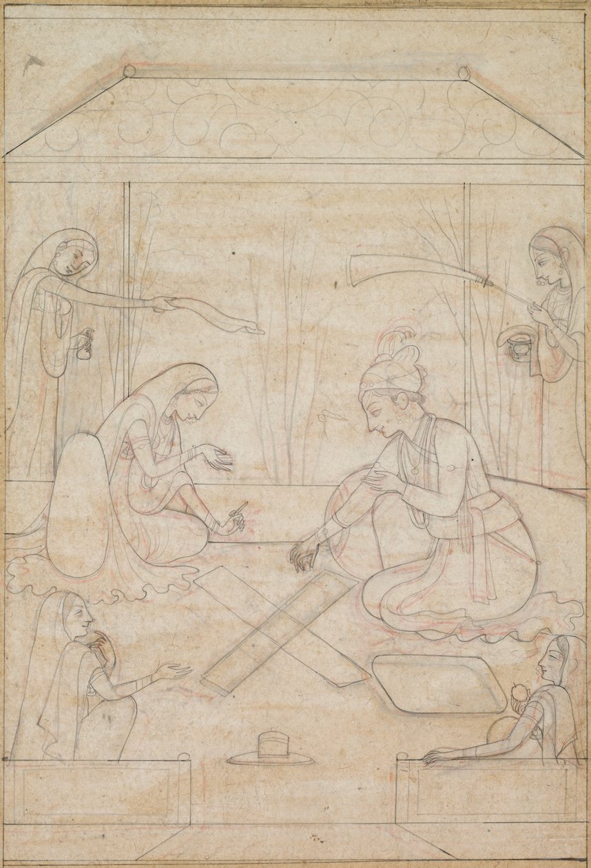Pareja jugando Chaupar en una terraza de Unknown artist