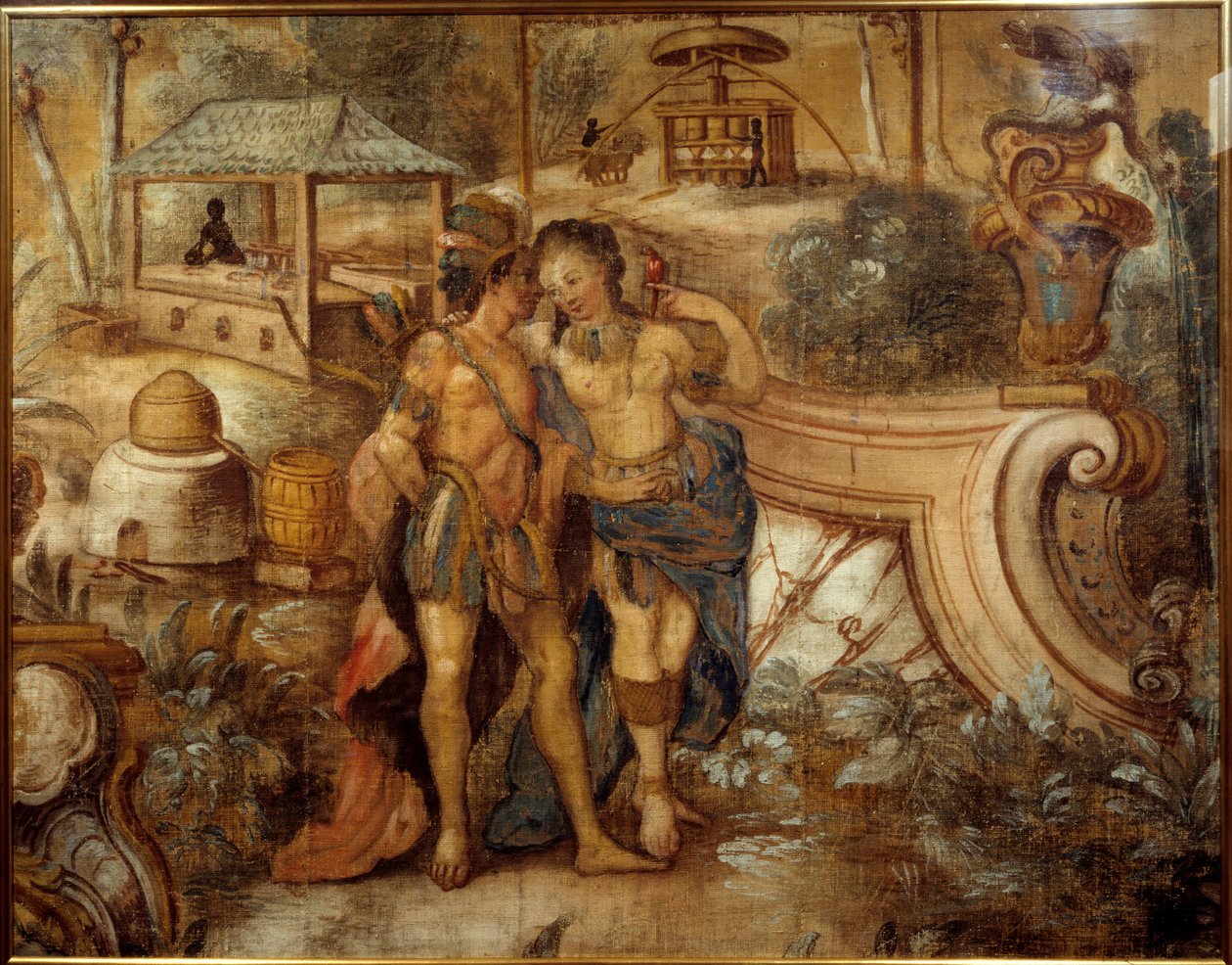 Pareja: una mujer con un indio frente a una plantación de azúcar en las Indias Occidentales. Pintura anónima de Unknown artist