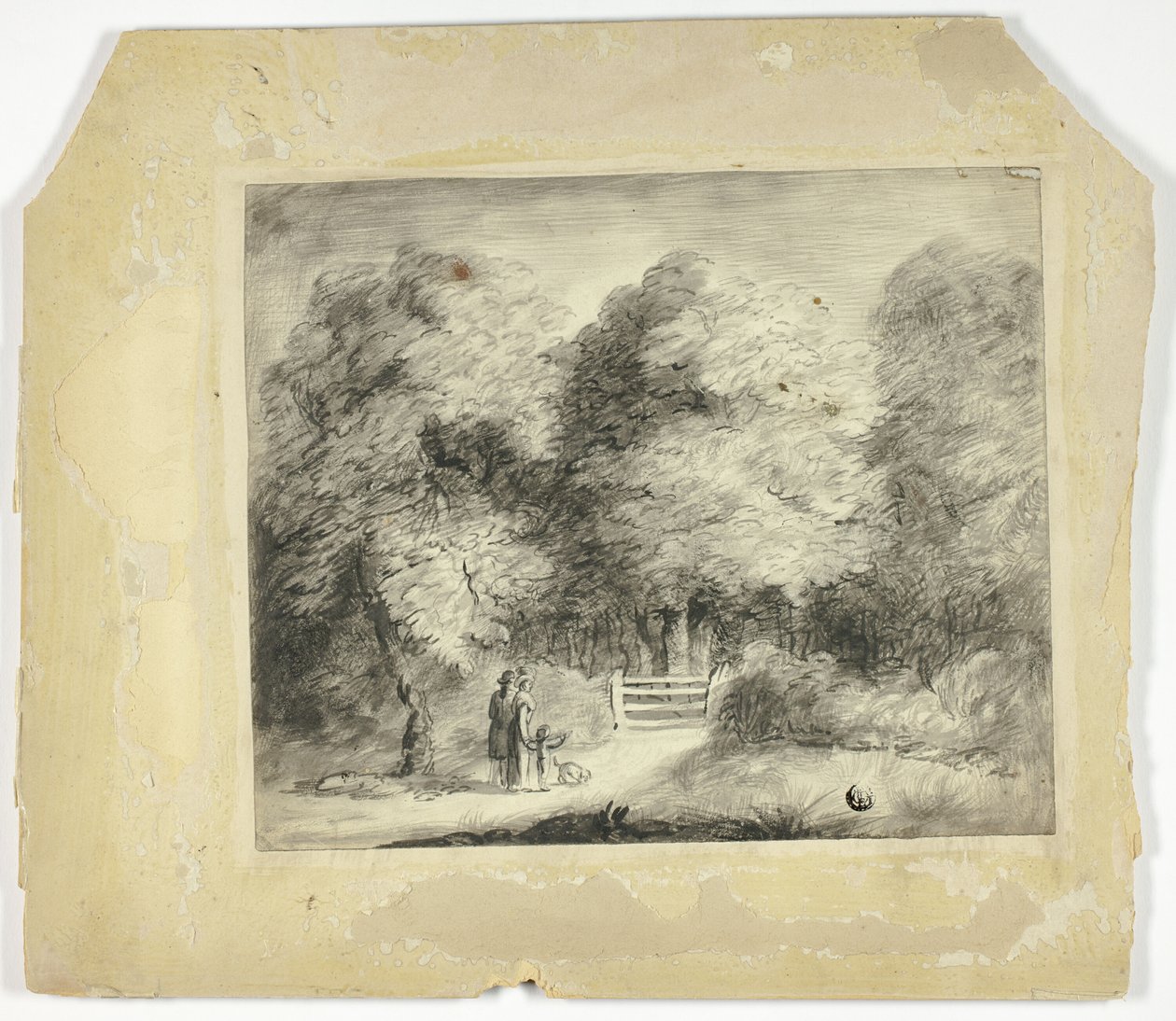Pareja con niño y perro en la entrada del parque de Unknown artist