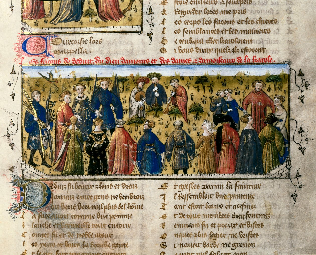 Entretenimientos de la corte: bailes y juegos. La escena tiene lugar en presencia de los dioses del Amor, la Belleza, la Entrega, la Franquicia, la Cortesía y la Juventud. Miniatura de "El Romance de la Rosa". Siglo XIV Valencia. Biblioteca universitaria. de Unknown artist