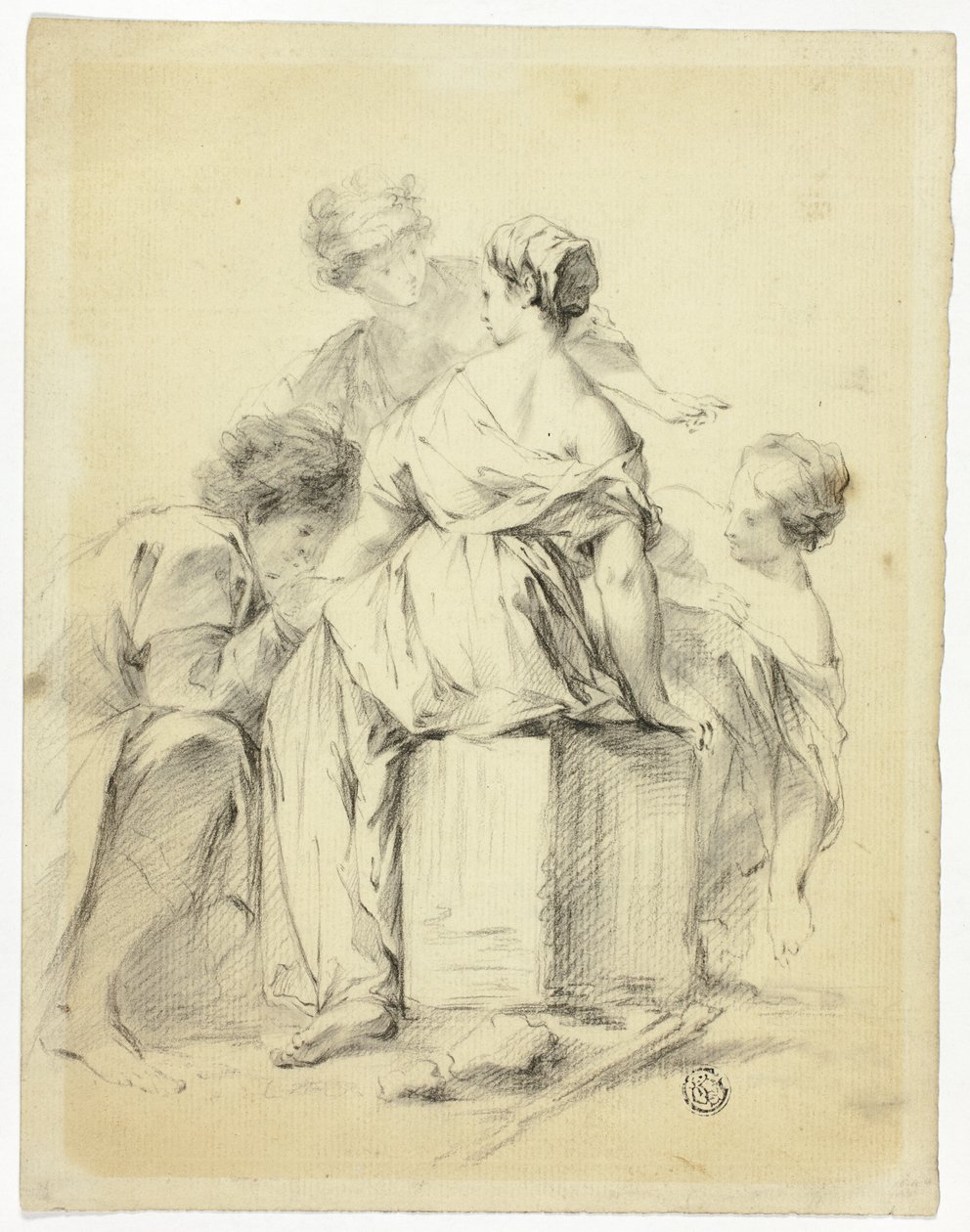 Escena de cortejo con joven y tres doncellas de Unknown artist