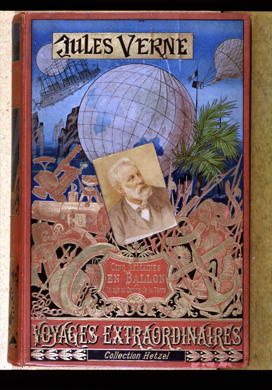 Portada del libro “Viajes Extraordinarios: Cinco Semanas en Globo y Viaje al Centro de la Tierra” por Jules Verne, ed. Hetzel de Unknown artist