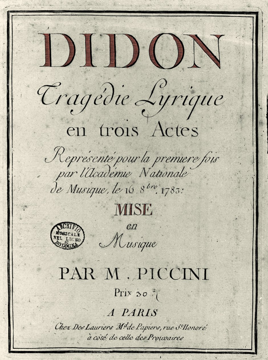 Portada del libreto de la ópera Didon del compositor Niccolo Vito Piccinni (1728-1800). 1783 de Unknown artist