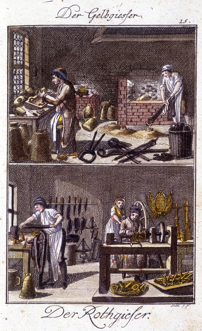 Oficio artesanal: fundidor de cobre y dinandier en sus talleres. En “Descripción integral de artes y oficios y talleres para jóvenes” por Johan Peter Vire. Ed. Nuremberg, Weigel y Schneider de Unknown artist