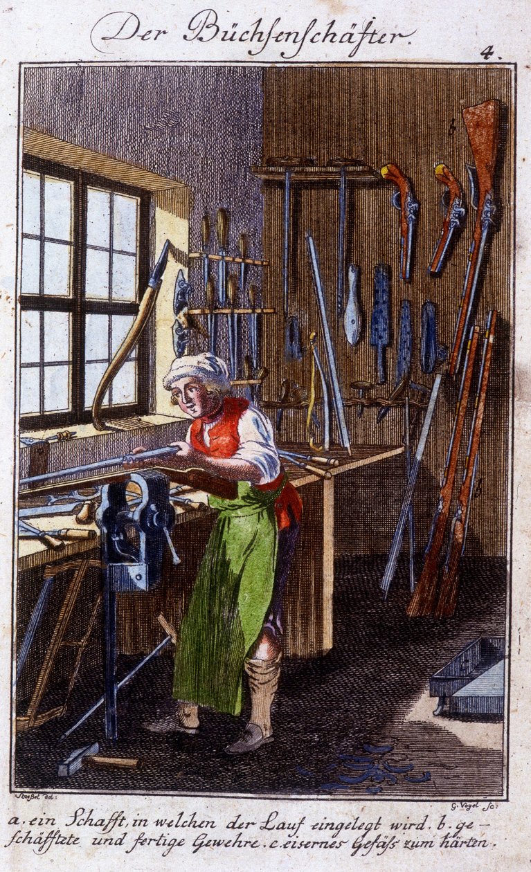 Oficio artesanal: el fabricante de arcabuces en su taller. En “Descripción completa de artes y oficios y talleres para jóvenes” por Johan Peter Vue. Ed. Nuremberg, Weigel y Schneider de Unknown artist