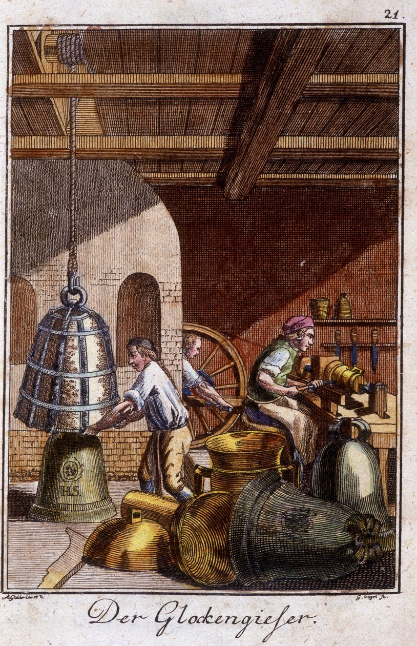 Artesanía: el fabricante de campanas en su taller. En “Descripción integral de artes y oficios y talleres para jóvenes” de Johan Peter Vue. Ed. Núremberg, Weigel y Schneider de Unknown artist