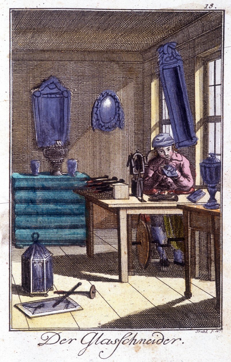 Artesanía: el fabricante de cristal en su taller. En “Descripción integral de artes y oficios y talleres para jóvenes” de Johan Peter Vue. Ed. Núremberg, Weigel y Schneider de Unknown artist