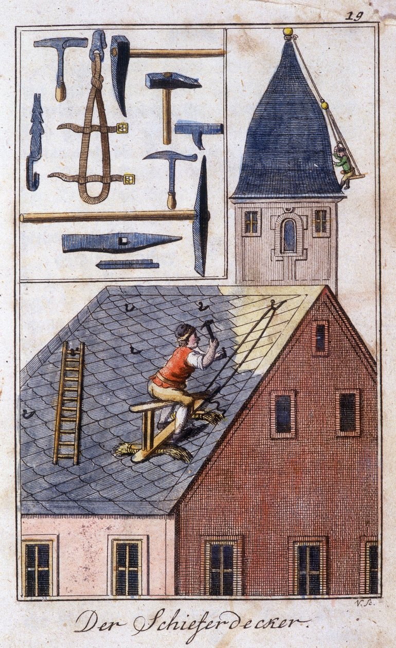 Oficio artesanal: el techador de pizarra y sus herramientas de trabajo. En “Descripción integral de artes y oficios y talleres para jóvenes” por Johan Peter Vue. Ed. Nuremberg, Weigel y Schneider de Unknown artist