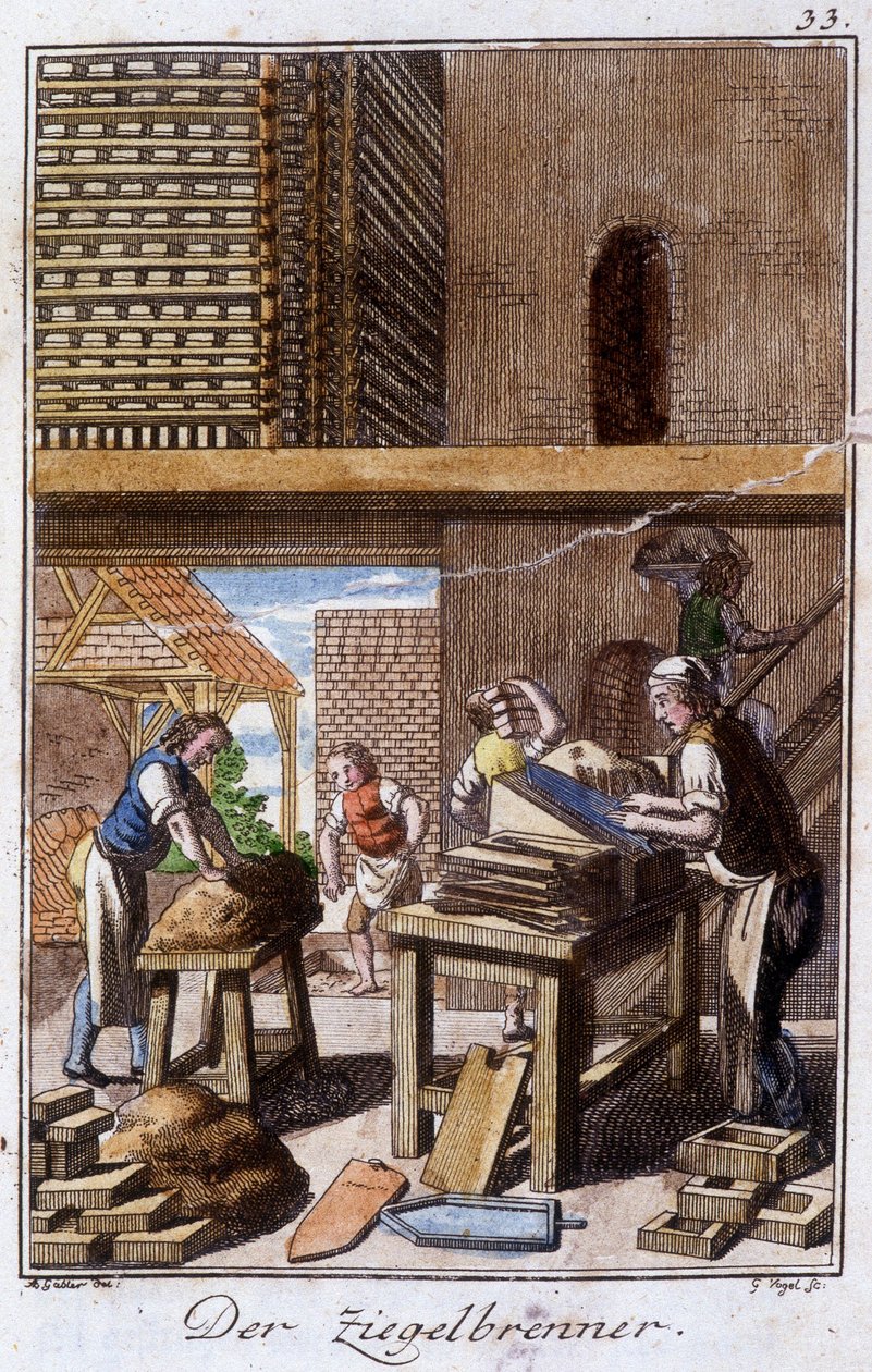 Oficio artesanal: el fabricante de tejas o ladrillos en su taller. En “Descripción completa de artes y oficios y talleres para jóvenes” por Johan Peter Vue. Ed. Núremberg, Weigel y Schneider de Unknown artist