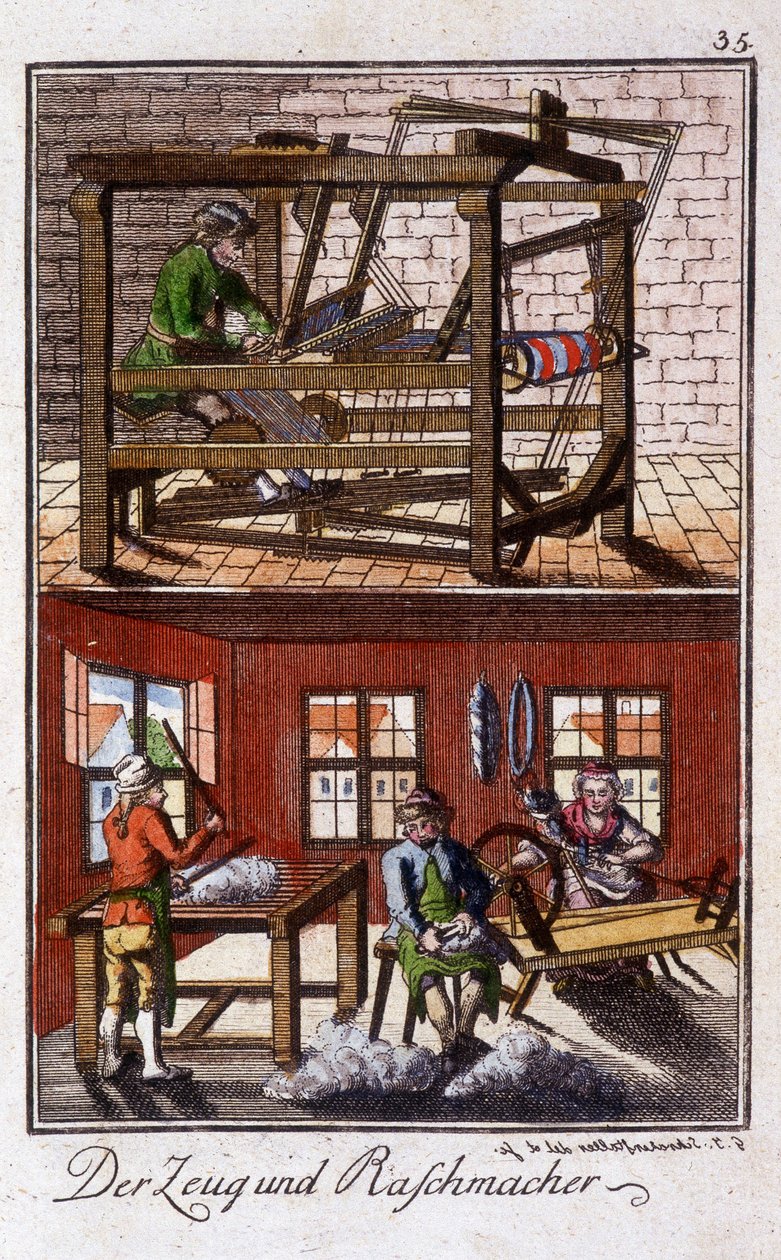 Oficio artesanal: el tejedor en su taller. En “Descripción completa de artes y oficios y talleres para jóvenes” por Johan Peter Vue. Ed. Nuremberg, Weigel y Schneider de Unknown artist