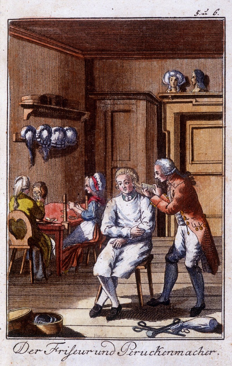 Oficios: peluquero y fabricante de pelucas en su taller. En “Descripción completa de artes y oficios y talleres para jóvenes” por Johan Peter Vue. Ed. Nuremberg, Weigel y Schneider de Unknown artist