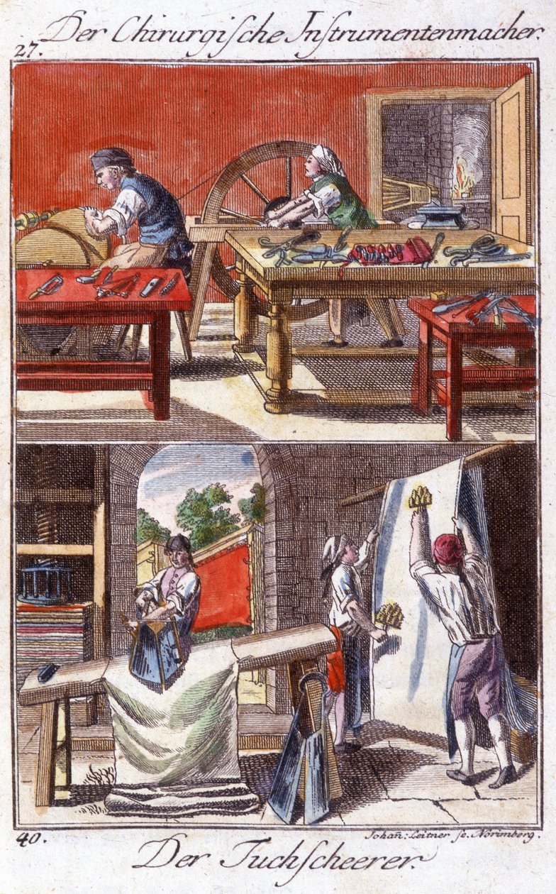 Artesanía: fabricante de instrumentos quirúrgicos (arriba) y recortador de fundas (abajo) en su taller. En “Descripción integral de artes y oficios y talleres para jóvenes” de Johan Peter Vue. Ed. Núremberg, Weigel y Schneider de Unknown artist