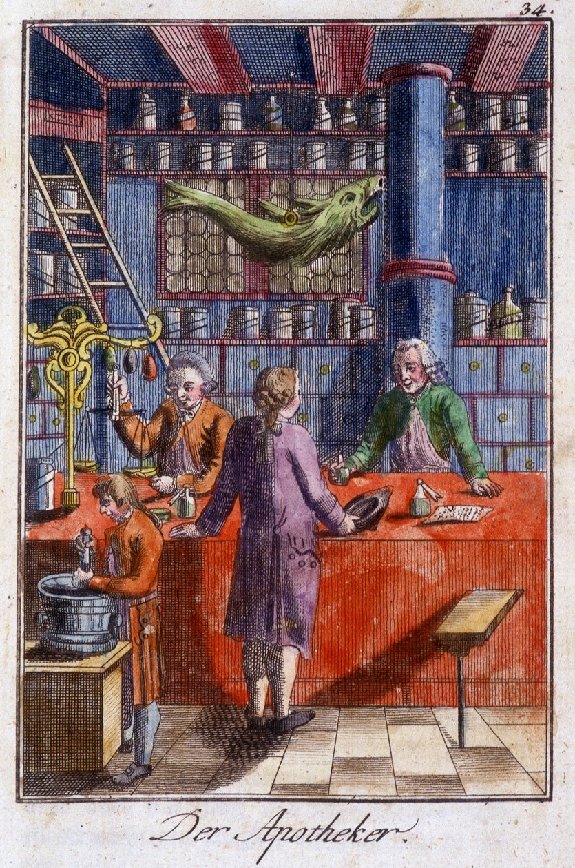 Oficios: el boticario (farmacéutico) en su taller. En “Descripción completa de artes y oficios y talleres para jóvenes” por Johan Peter Vire. Ed. Núremberg, Weigel y Schneider de Unknown artist