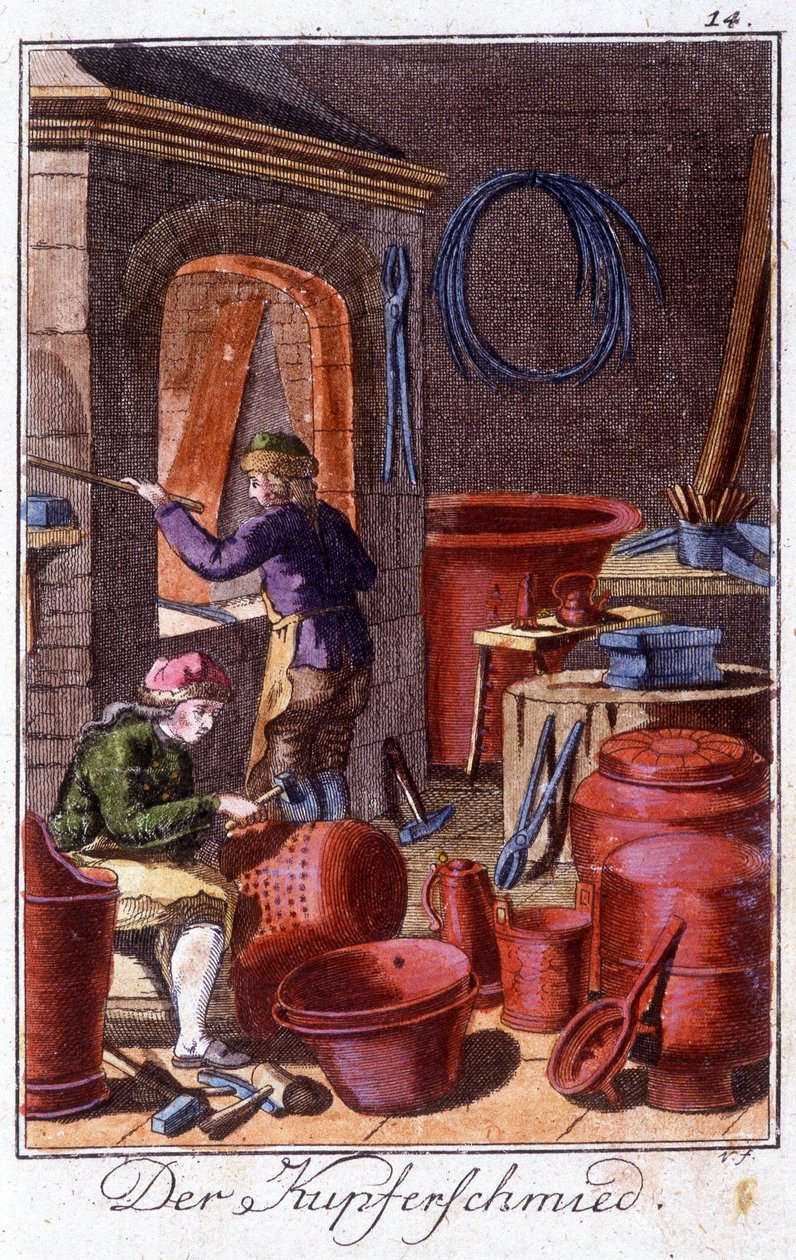 Artesanía: el calderero en su taller. En “Descripción integral de artes y oficios y talleres para jóvenes” de Johan Peter Vue. Ed. Núremberg, Weigel y Schneider de Unknown artist
