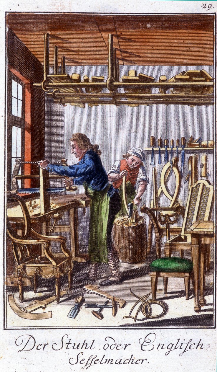Artesanía: el fabricante de sillas en su taller. En “Descripción completa de artes y oficios y talleres para jóvenes” por Johan Peter Vue. Ed. Nuremberg, Weigel y Schneider de Unknown artist