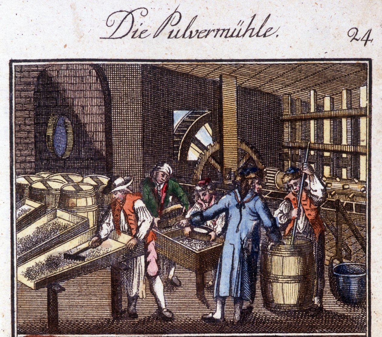 Oficios: el fabricante de pólvora en su taller. En “Descripción completa de artes y oficios y talleres para jóvenes” por Johan Peter Vue. Ed. Nuremberg, Weigel y Schneider de Unknown artist