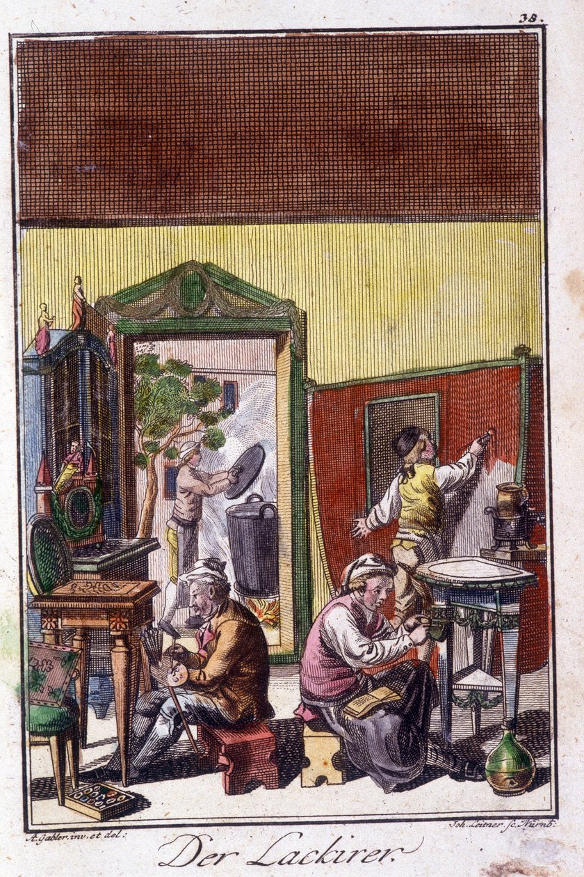 Artesanía: el barnizador en su taller. En “Descripción integral de artes y oficios y talleres para jóvenes” por Johan Peter Vue. Ed. Núremberg, Weigel y Schneider de Unknown artist
