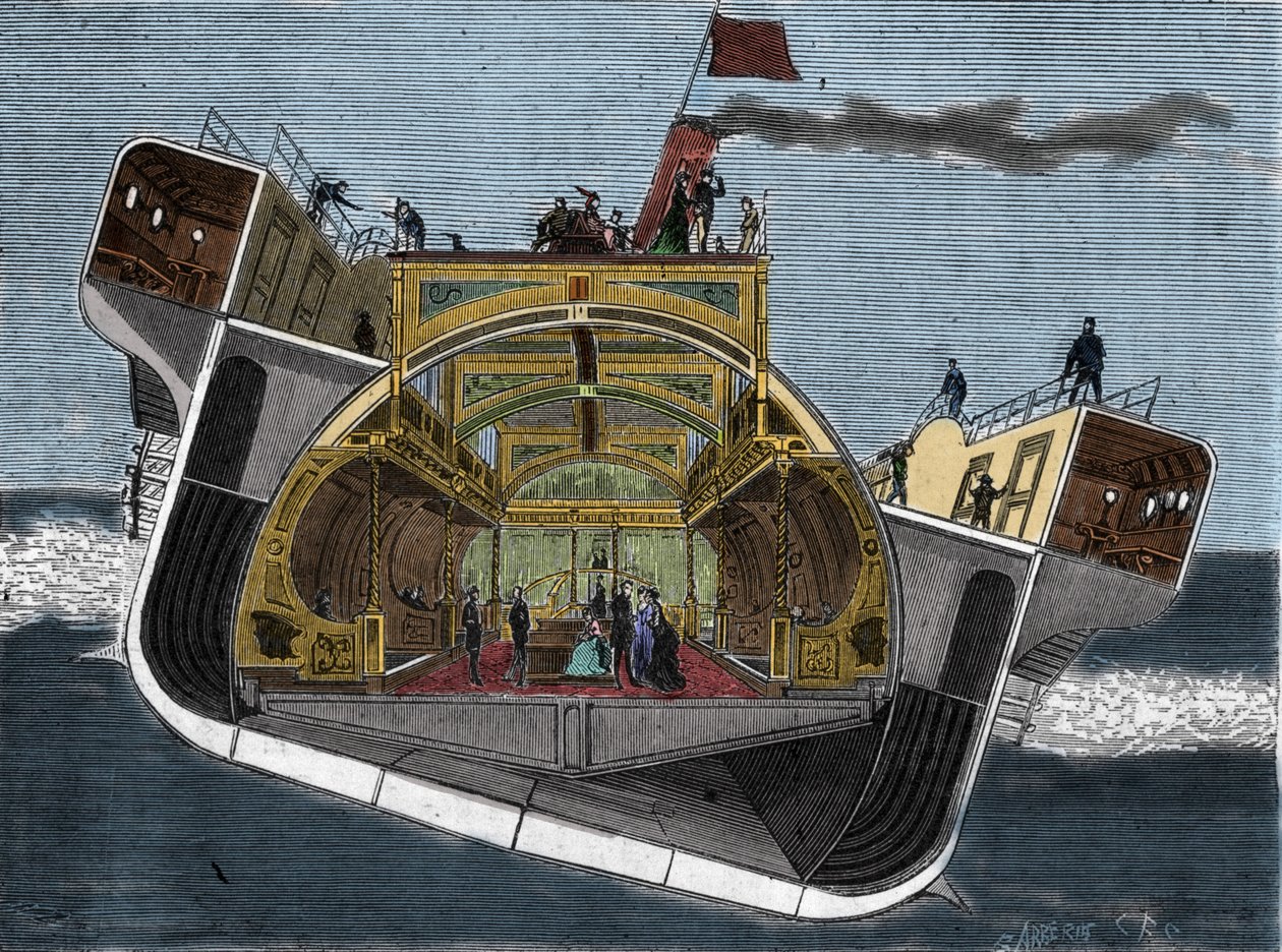 Sección transversal de un barco diseñado contra el mareo por Henry Bessemer (1813-1898). Grabado del siglo XIX. de Unknown artist