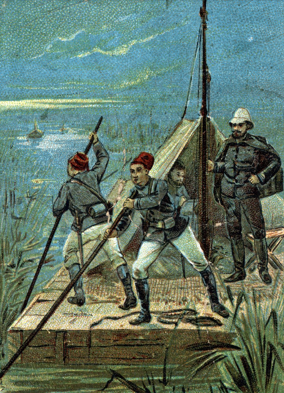 Cruzando los pantanos de Bahr el Ghazal en África por la misión Marchand en 1899. Cromolitografía de Liebig del siglo XIX de Unknown artist