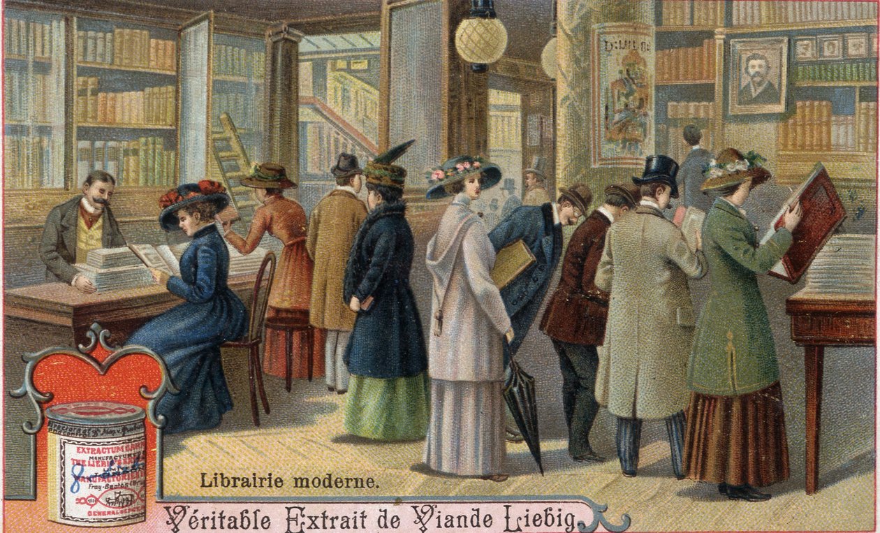 Clientes y librero en una librería moderna, finales del siglo XIX. Cromolitografía, imagen de Liebig de Unknown artist