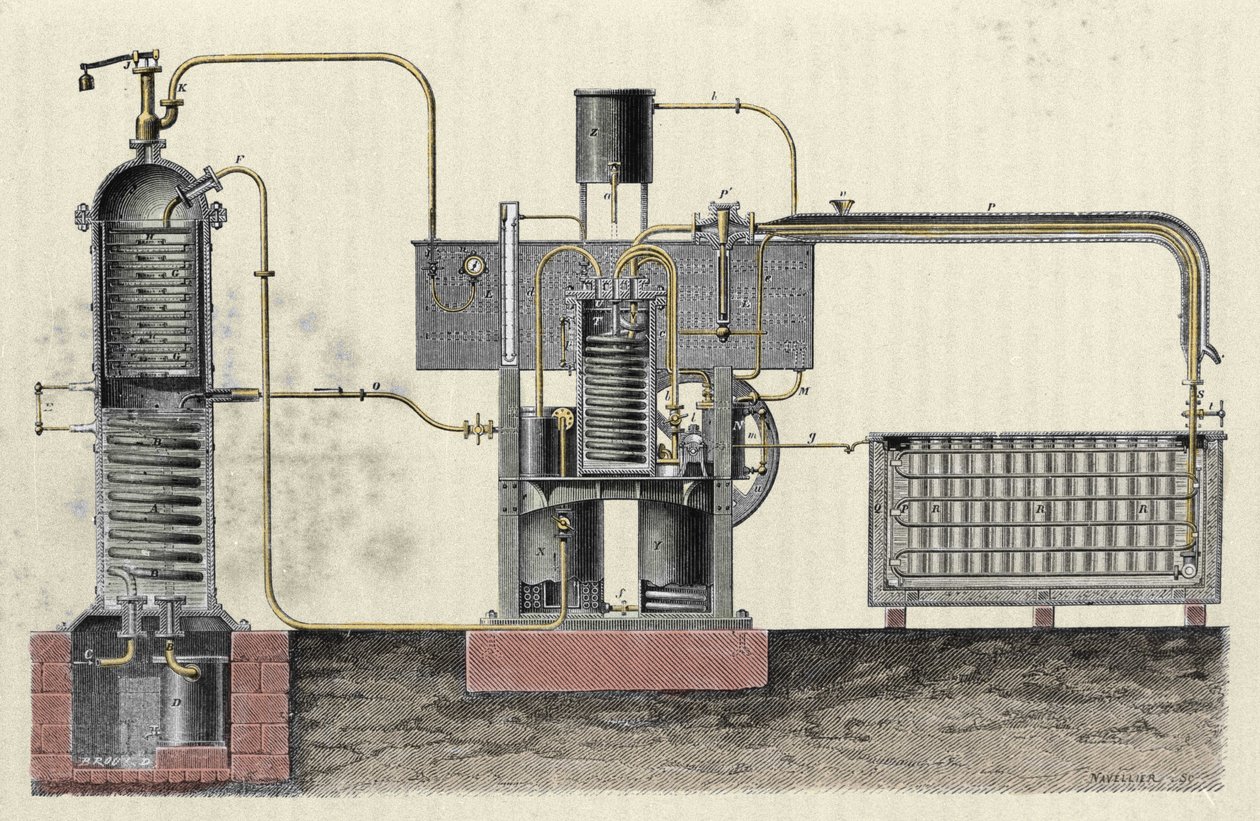 Corte del aparato industrial de Ferdinand Carre (1824-1894) para hacer hielo. Grabado del siglo XIX de Unknown artist