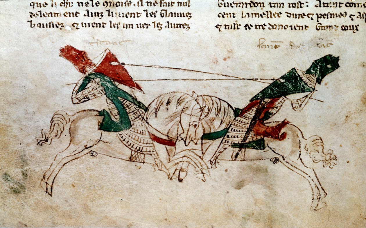 Ciclo del Rey Arturo: Batalla de Lancelot y Tristán. Miniatura tomada de El romance de Meliadus de Leonnoys: junto con varios otros nobles hechos de caballería realizados por el Rey Arturo, Palamedes y Galliot de Pre por Rustichello de Pisa de Unknown artist