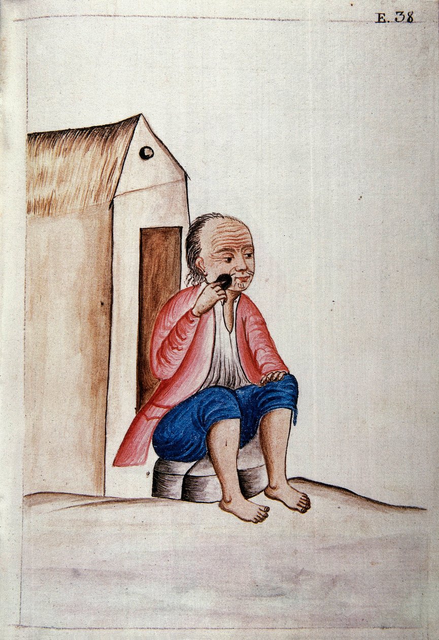 Vida cotidiana y costumbres de Perú: "Indio afeitándose la barba en su puerta" Acuarela tomada del libro "Trujillo del Perú" por Baltasar Martínez Compañón y Bujanda, obispo de Trujillo (1782-1785). Siglo XVIII Madrid. Biblioteca del Palacio Real de Unknown artist