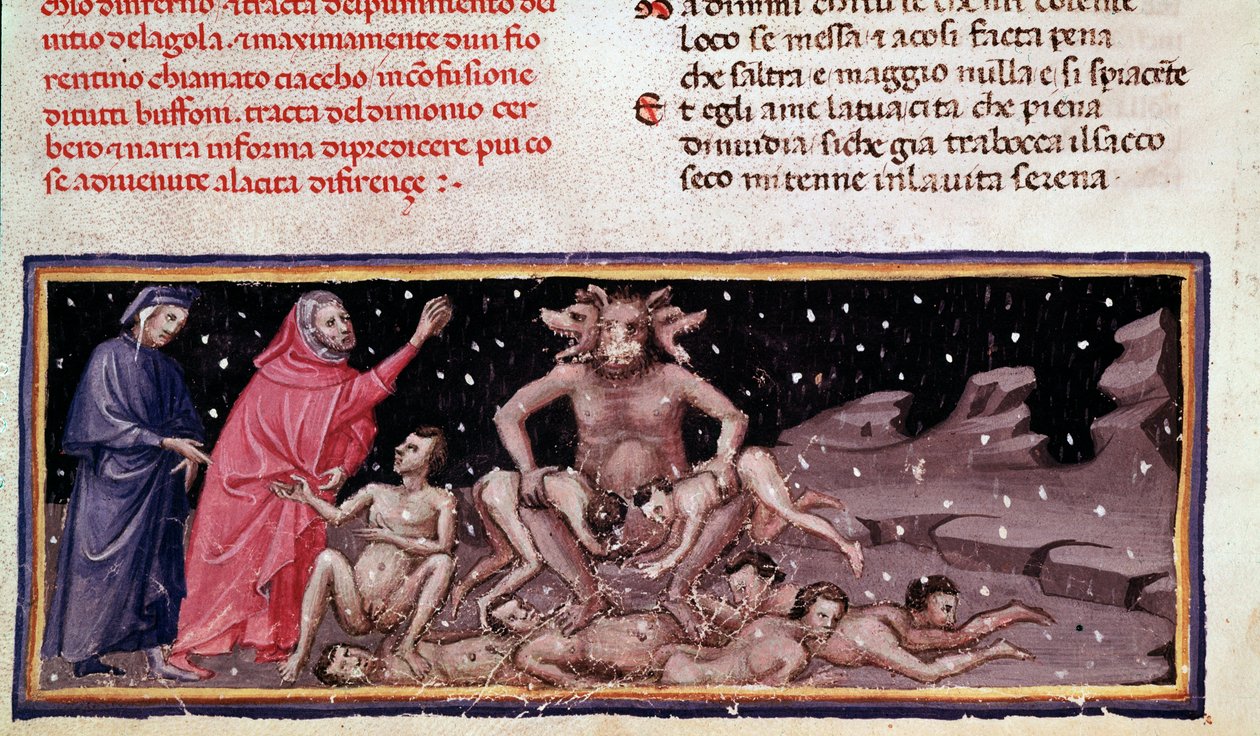 Dante y Virgilio encuentran a Ciacco y Cerbero con los glotones (canto 9 del Infierno, en la Divina Comedia) - miniatura de Unknown artist