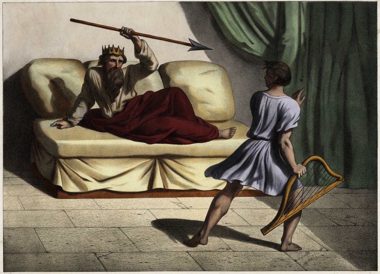 David tocando la cítara ante el rey Saúl para calmarlo. Grabado anónimo de mediados del siglo XIX de Unknown artist