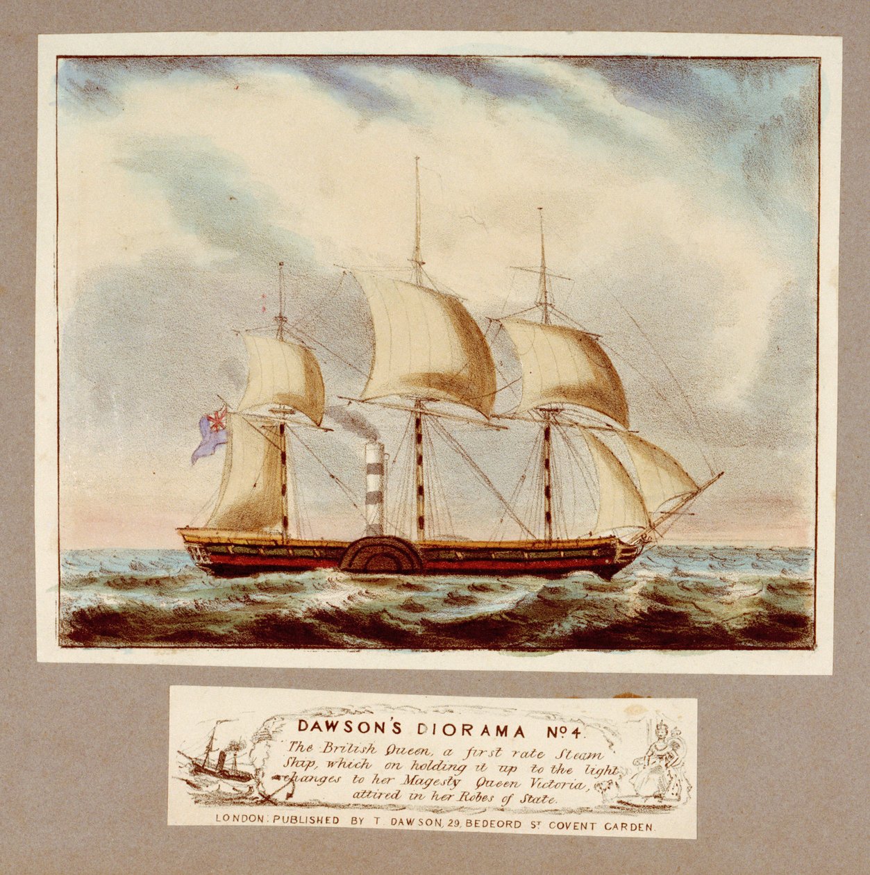 Diorama nº 4 de Dawson. La Reina Británica, un barco de vapor de primera clase, que al mirarlo al trasluz se transforma en Su Majestad la Reina Victoria vestida con sus ropas de Estado, c.1838 (litografía, coloreada). de Unknown artist