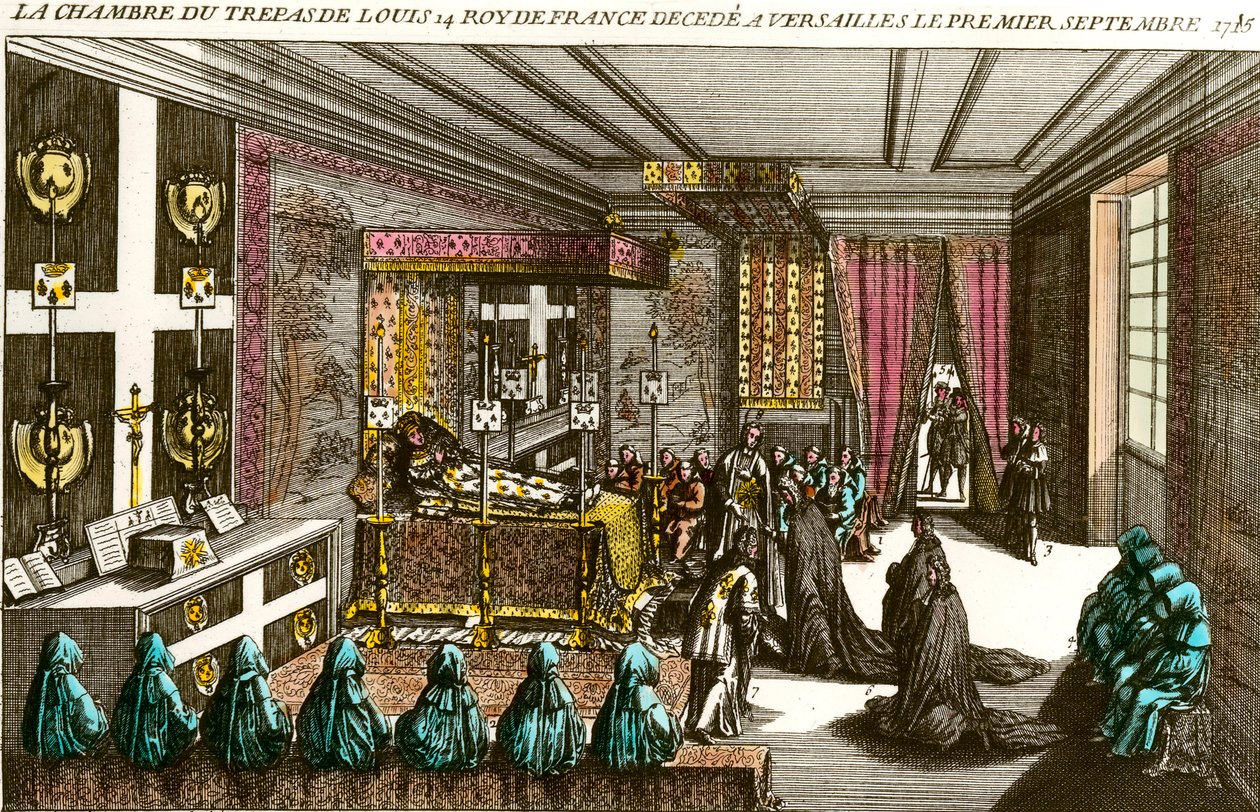Muerte del Rey Luis XIV: la cámara mortuoria de Luis XIV (1638-1715), conocido como Rey Sol, fallecido en Versalles el 1/09/1715. Grabado del siglo XVIII Colección Privada de Unknown artist