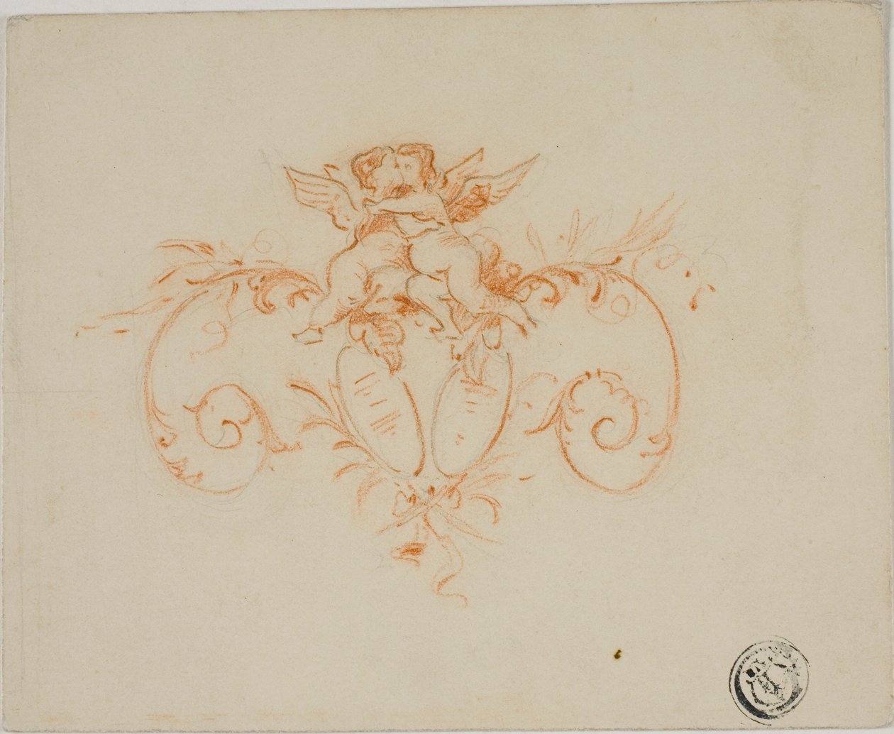 Pergaminos decorativos con dos amorcillos de Unknown artist